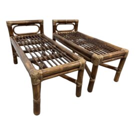 McGuire Furniture Rare Leather Wrapped Bamboo Stools+Side Tables, Pair