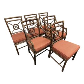 McGuire Furniture Target Back Leather Wrapped Bamboo Dining Chairs, Set of Six