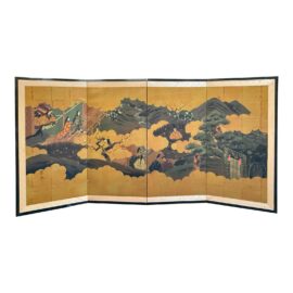 Antique Japanese Genji Silk Four Panel Screen / Byōbu