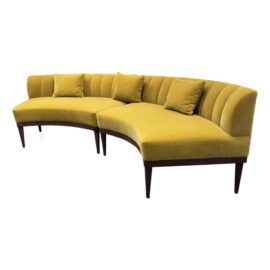 Village West Design Mid 20th Century Style Canary Yellow Velvet Curved Sofas, Set of Two. Original Price: $13,560