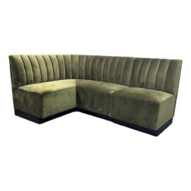 Williams-Sonoma Garbo Olive Green Velvet Curved Banquet, Set of Two. Original Price: $4,000