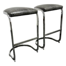 Crocodile Embossed Cantilever Bar Stools, Pair