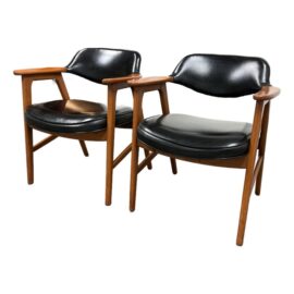 Mid Century Modern Walnut With Black Vinyl Arm Chairs, Pair