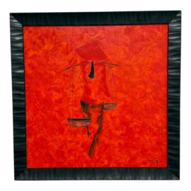 Asian Contemporary Bold Artwork With Figure Inset, Framed + Signed