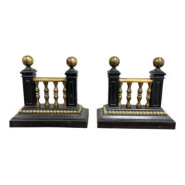 Antique Heavy Casted Iron + Brass Fire Dogs, Pair