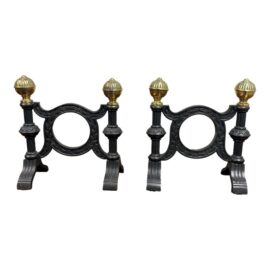 Antique Heavy Casted Iron + Brass Fire Dogs, Pair