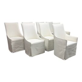 Restoration Hardware Ella Skirted Fabric Dining Side Chairs + Casters, Set of Eight. Original Price: $8,520