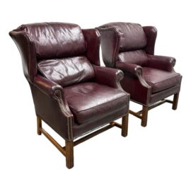 Circa 1990 Distinction Furniture Georgian Style Leather Wingback Chairs, Pair. Original Price: $6,100