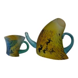 Kjell Engman for Kosta Boda Vintage Limited Edition Teapot + Tea Cup Art Glass Sculpture