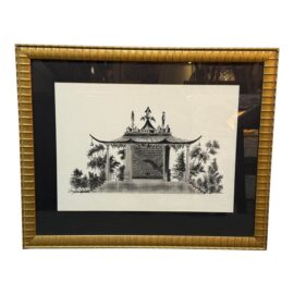 Vintage Garden Pagoda Pen & Ink Drawing, Framed