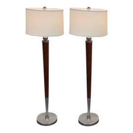 Contemporary Wood + Steel Floor Lamps, Pair