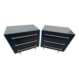 Brownstone Audrey Rattan Handle Navy Night Stands, Pair  Original Price: $3,570