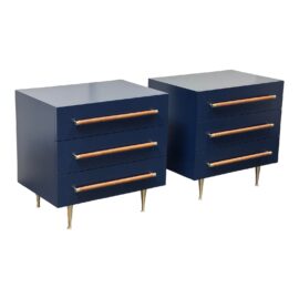 NEW Brownstone Audrey Rattan Handle Navy Night Stands, Pair. Original Price: $3,570