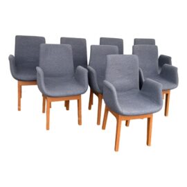 Contemporary Wool Felt With Cherry Wood Framed Dining Arm Chairs, Set of Eight