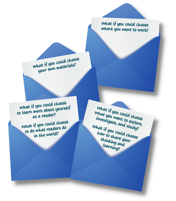 A graphic of blue envelopes with notes that read things like What would you do if you could choose where you work?