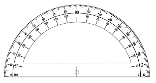 This protractor is dual sided and the base of the protactor aligns with the 0/180 degree line.