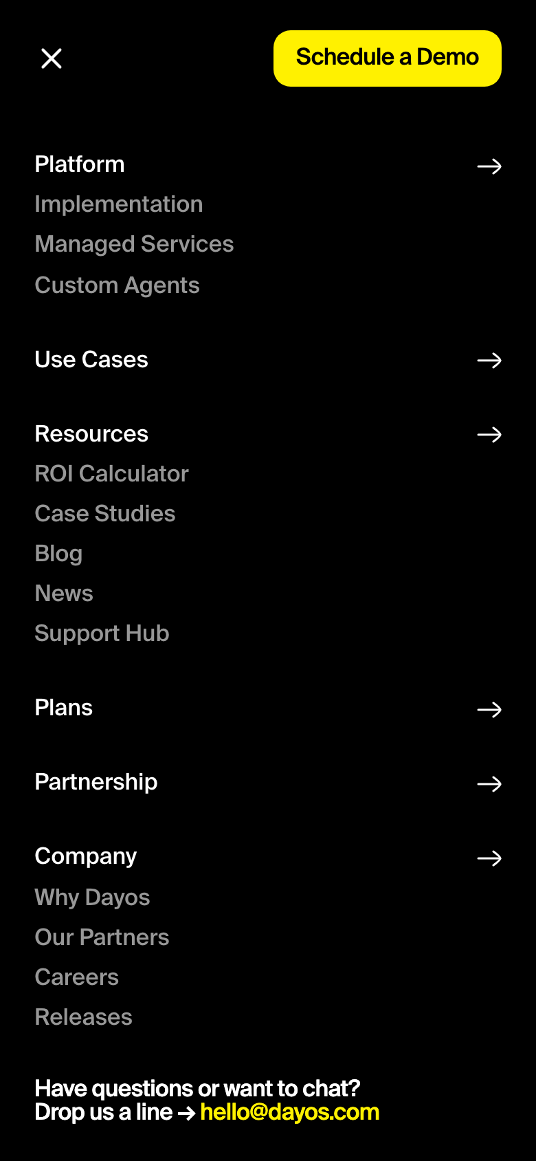 Dayos — Agentic Enterprise Black on mobile, menu open