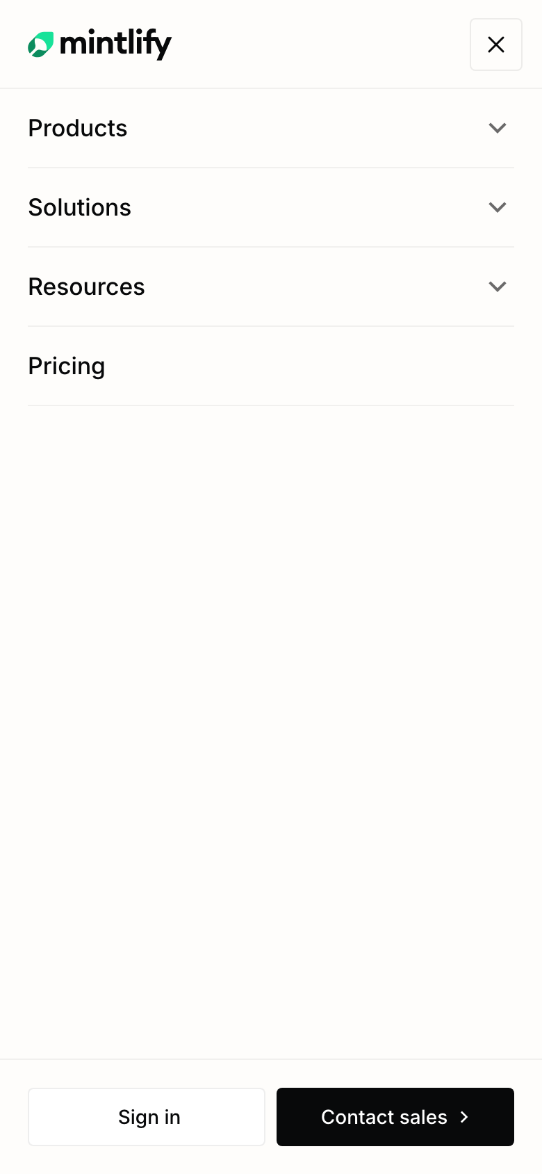 Mintlify on mobile, menu open