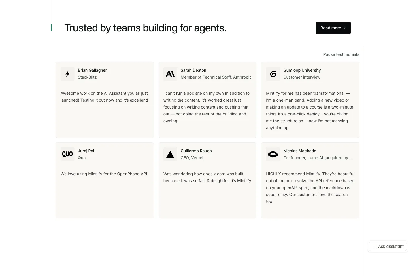 Mintlify social proof section