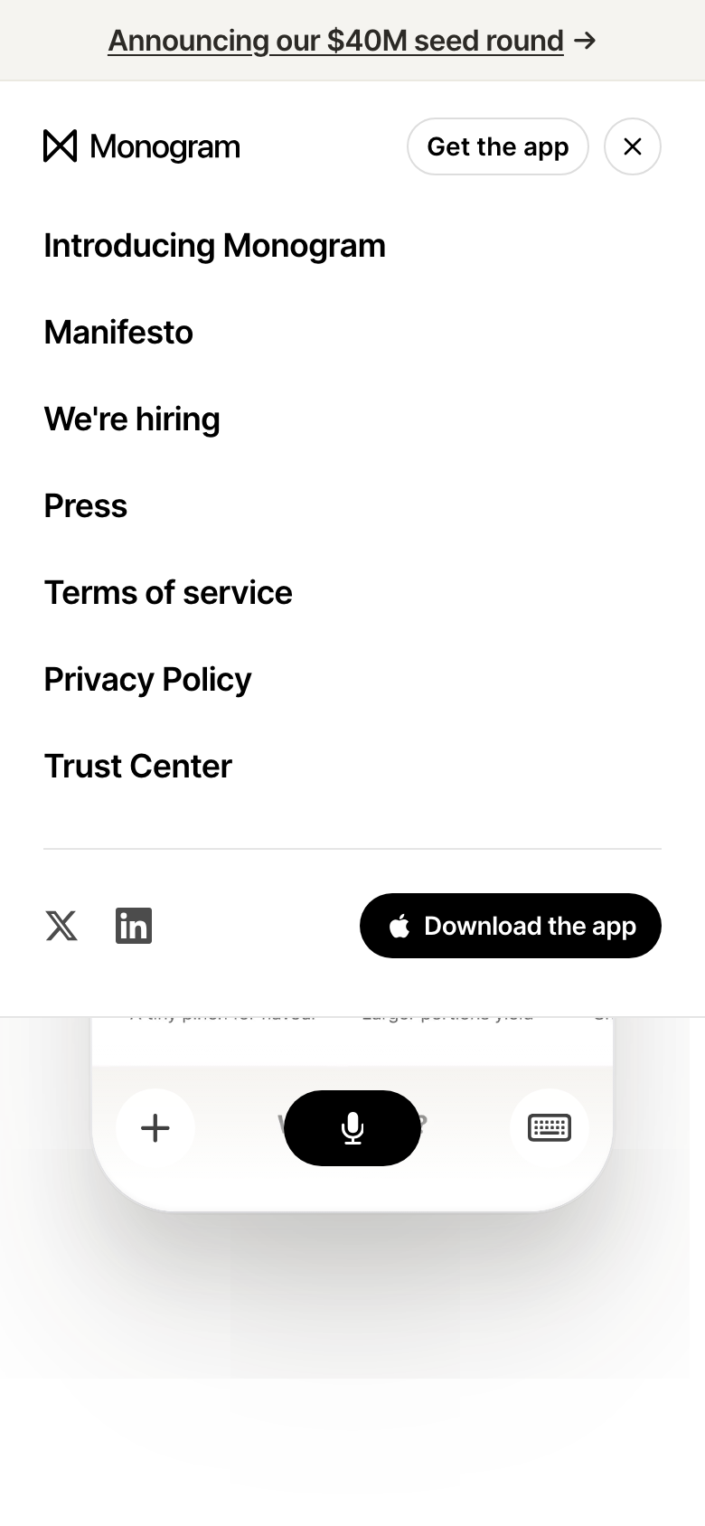 Monogram on mobile, menu open