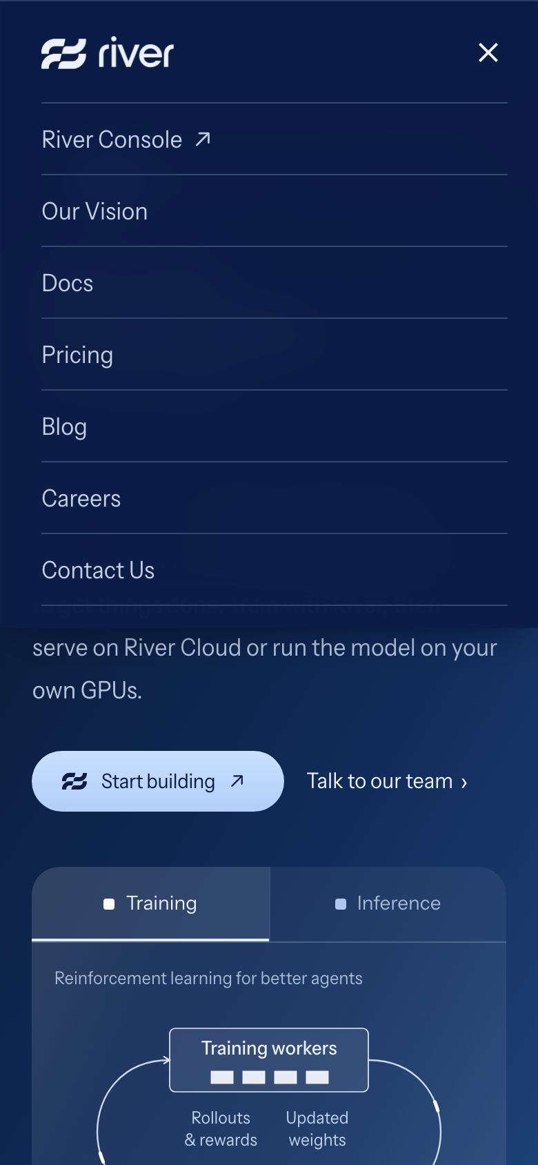 River AI on mobile, menu open