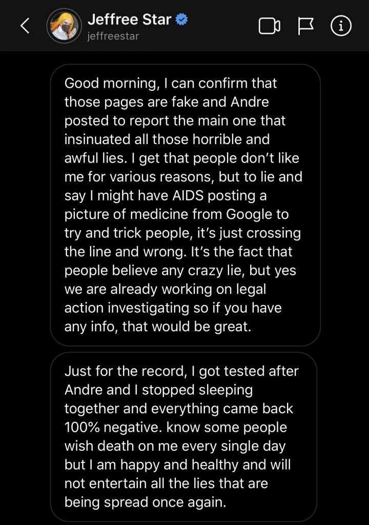 Jeffree Star responds to allegations of having a sexually transmitted disease in a series of messages.