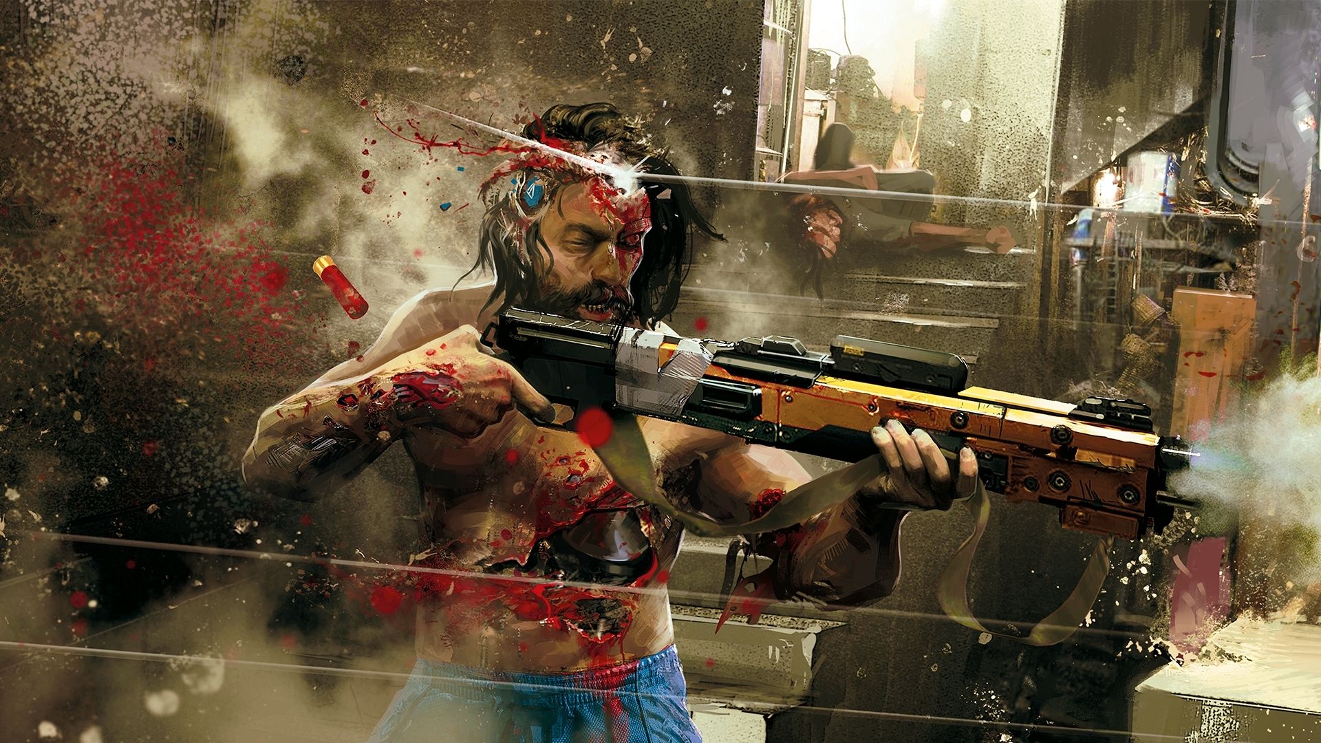 A character being shot in Cyberpunk 2077