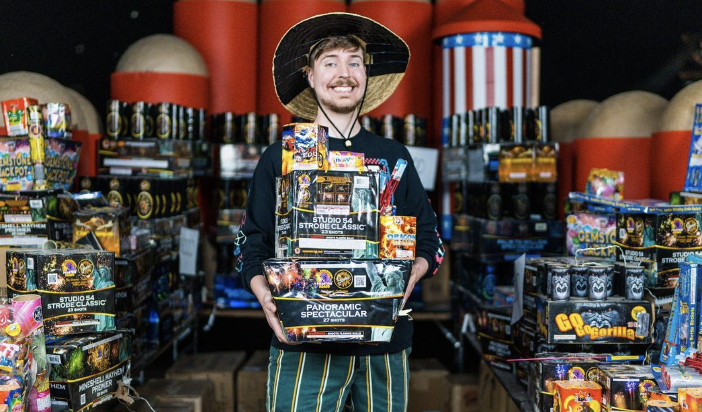 Screenshot of popular YouTuber Mr Beast posing with fireworks.