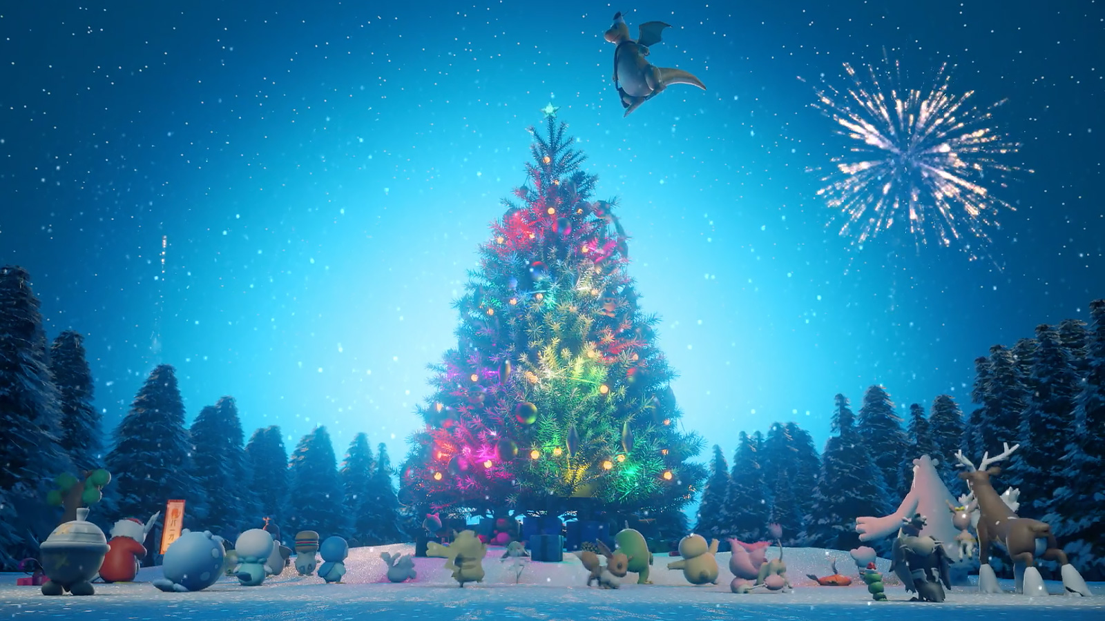 Screenshot of Pokemon gathering around Christmas tree in animation short by GIo.