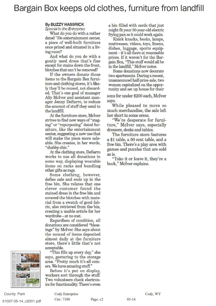 The Cody Enterprise profiles the Bargain Box, an outreach of Christ