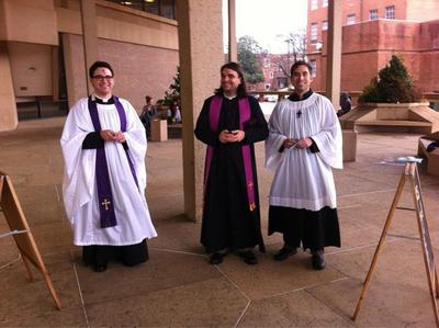 The Rev. andy Olivo, the Rev. Bob Leopold and Project Canterbury Chaplain Zack Nyein bring Ashes to Go to the University of Tennessee, Chattanooga, campus for the second year