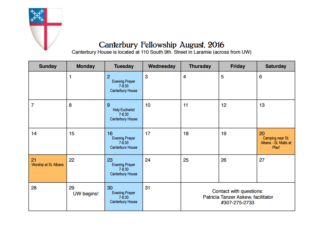 Canterbury Fellowship calendar St. Matthew's Cathedral