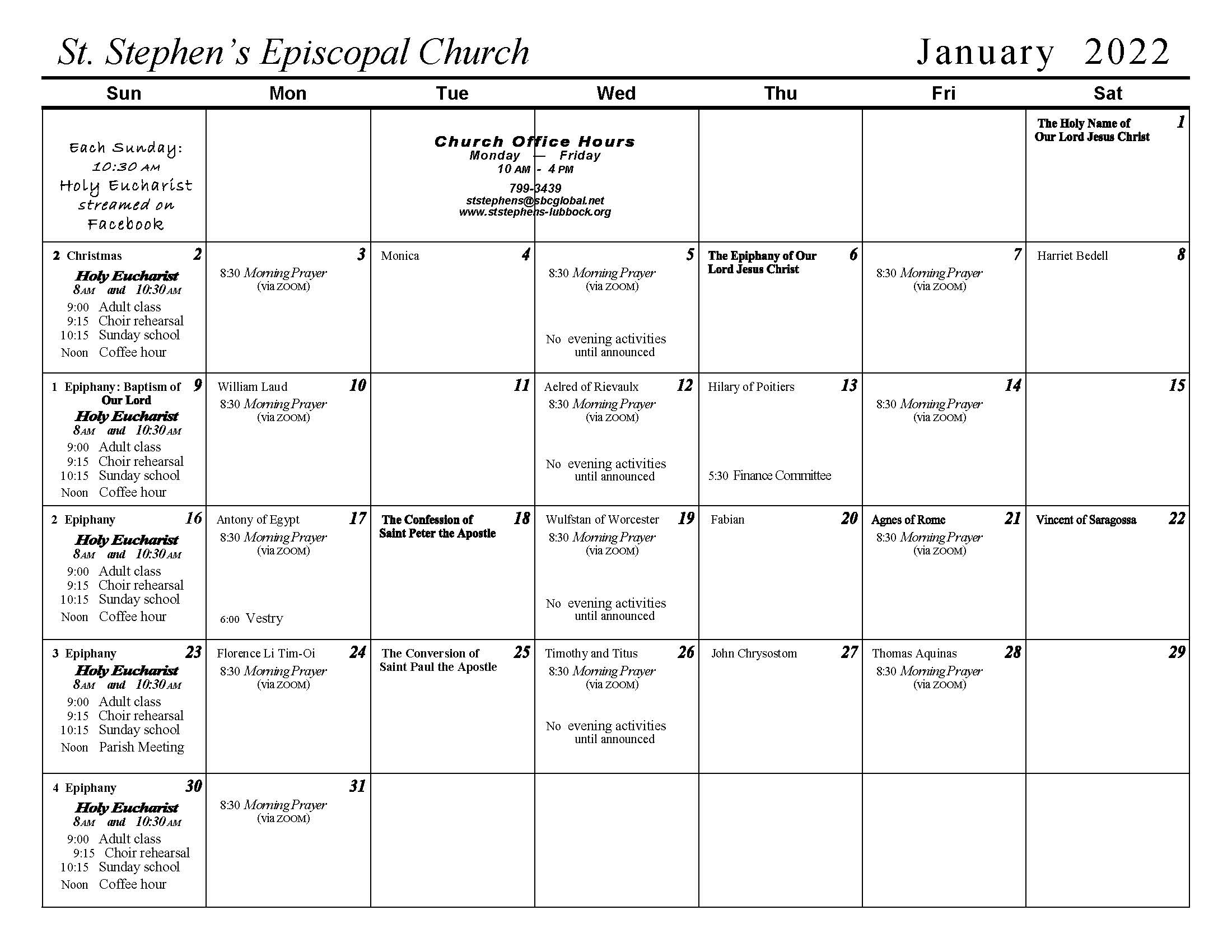 Episcopal Calendar 2022 This Month At St. Stephen's: Calendar And Sunday Roster | St Stephen's Episcopal  Church