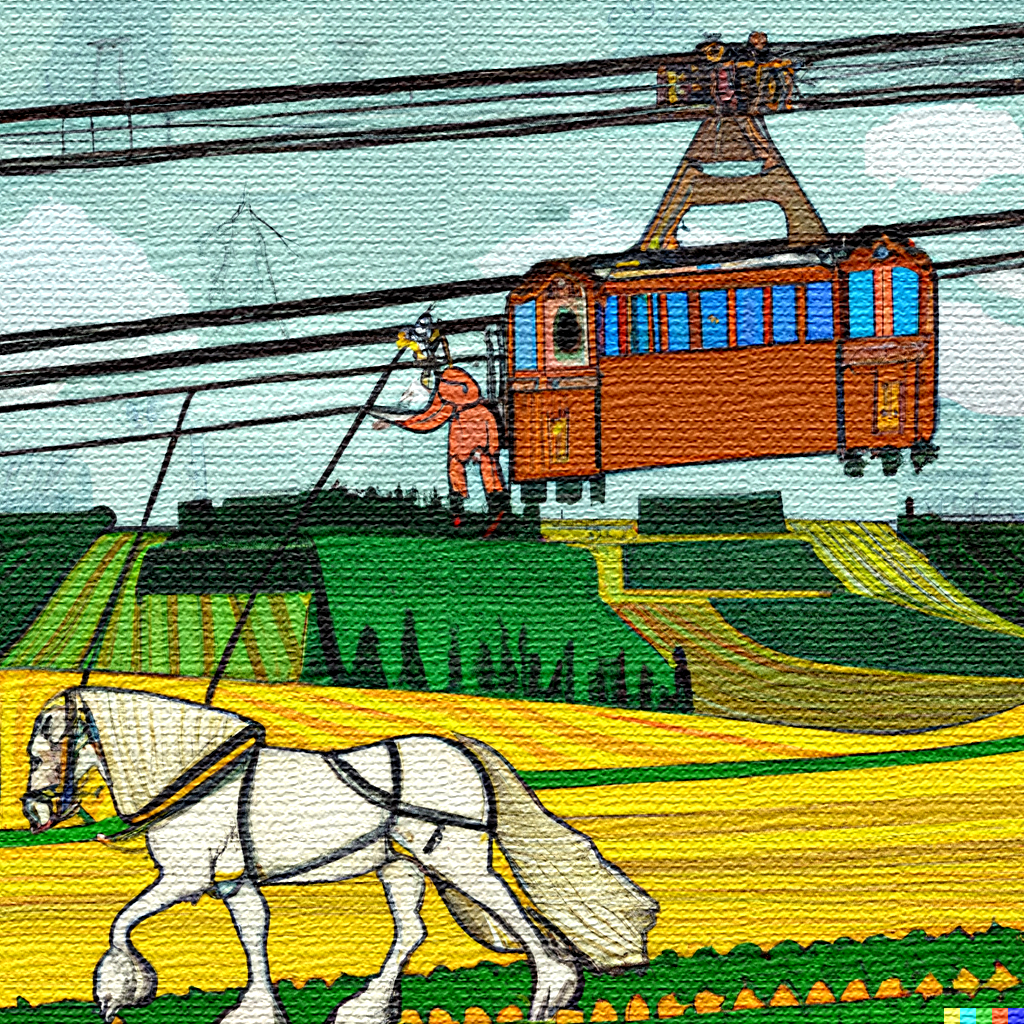 Historic tapestry showing horse-drawn aerial tram