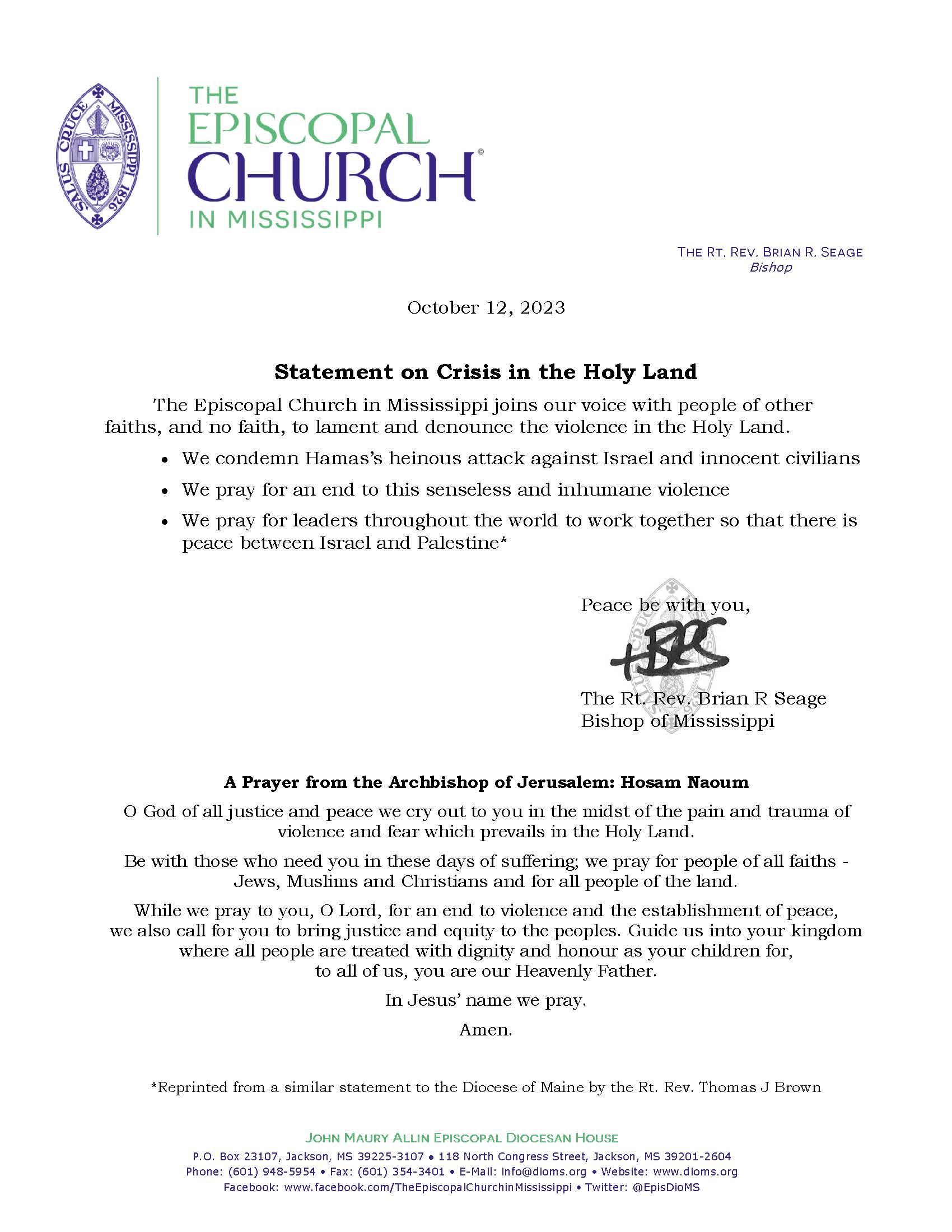 Statement by the Rt. Rev. Brian R. Seage, Bishop of the Episcopal Diocese of Mississippi, on Crisis in the Holy Land