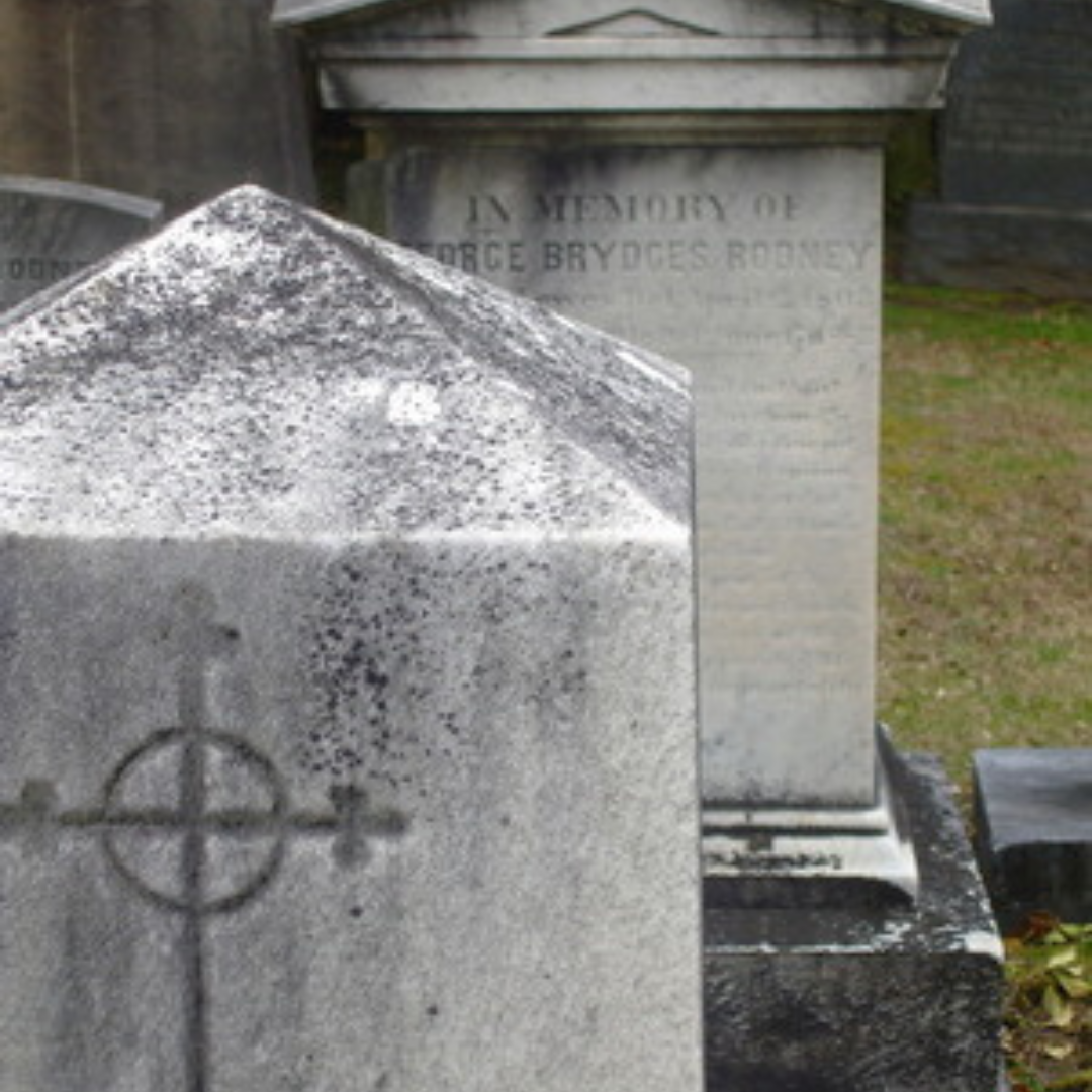 a picture of the Rodney markers in the church cemetery