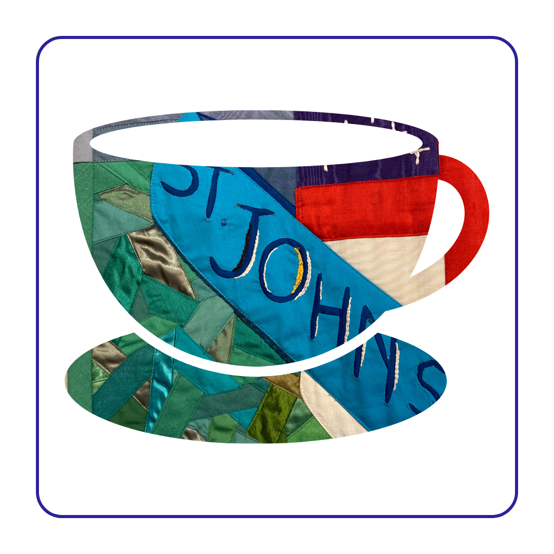 Patchwork Image of St. John's banner, in shape of coffee cup