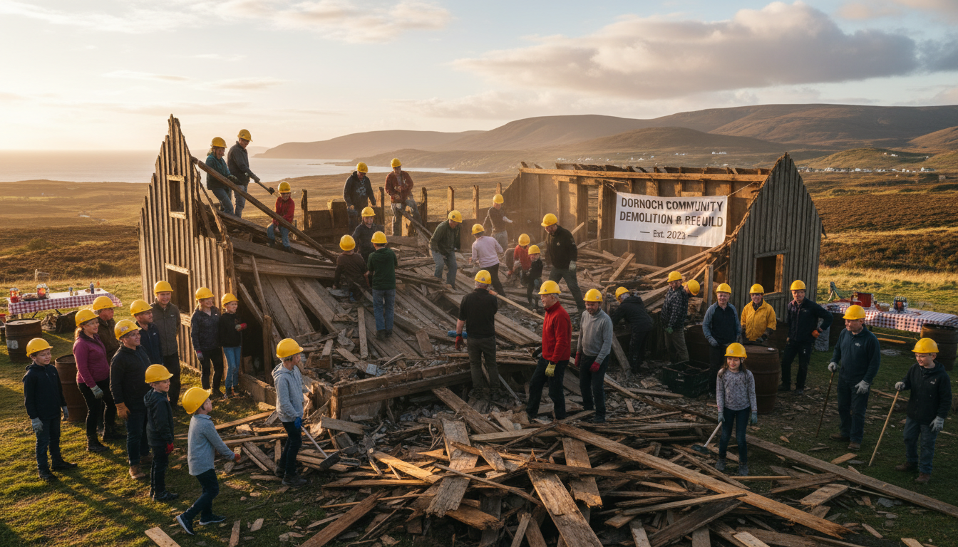 Large group of 20-25 community members at a demolition party in Dornoch, Sutherland, Scotland. People of various ages...