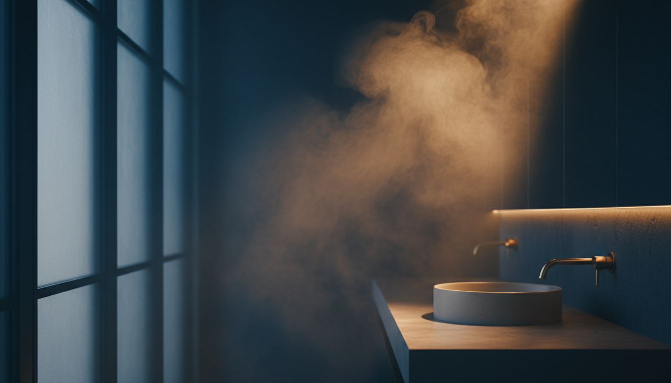 Abstract soft-focus photograph of warm golden steam rising in a dimly lit modern bathroom