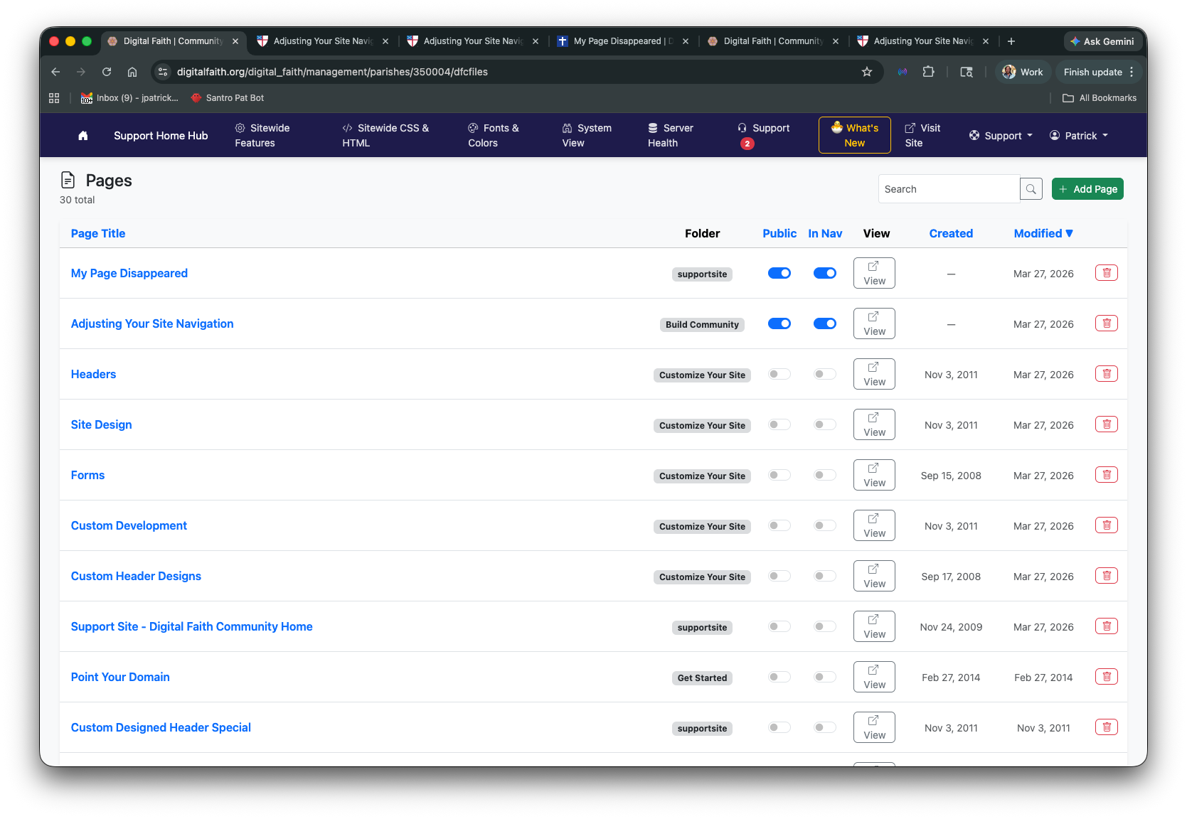 Screenshot of the Pages list showing Public and In Nav toggle columns