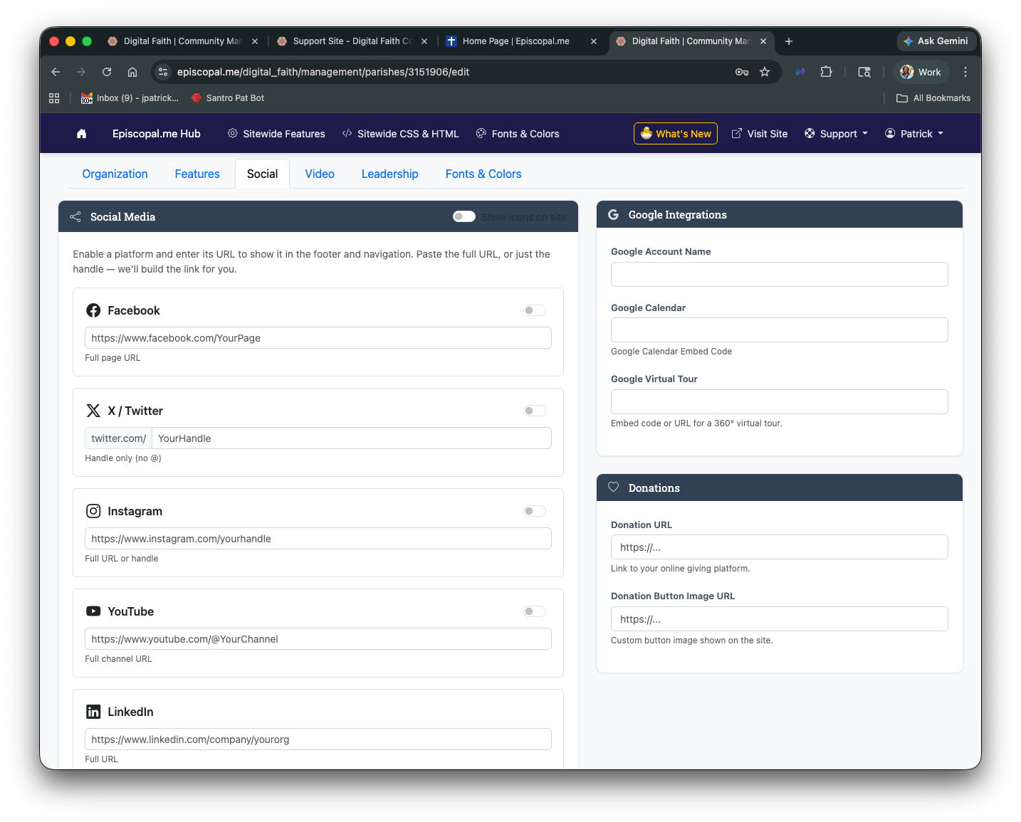 Sitewide features and settings page