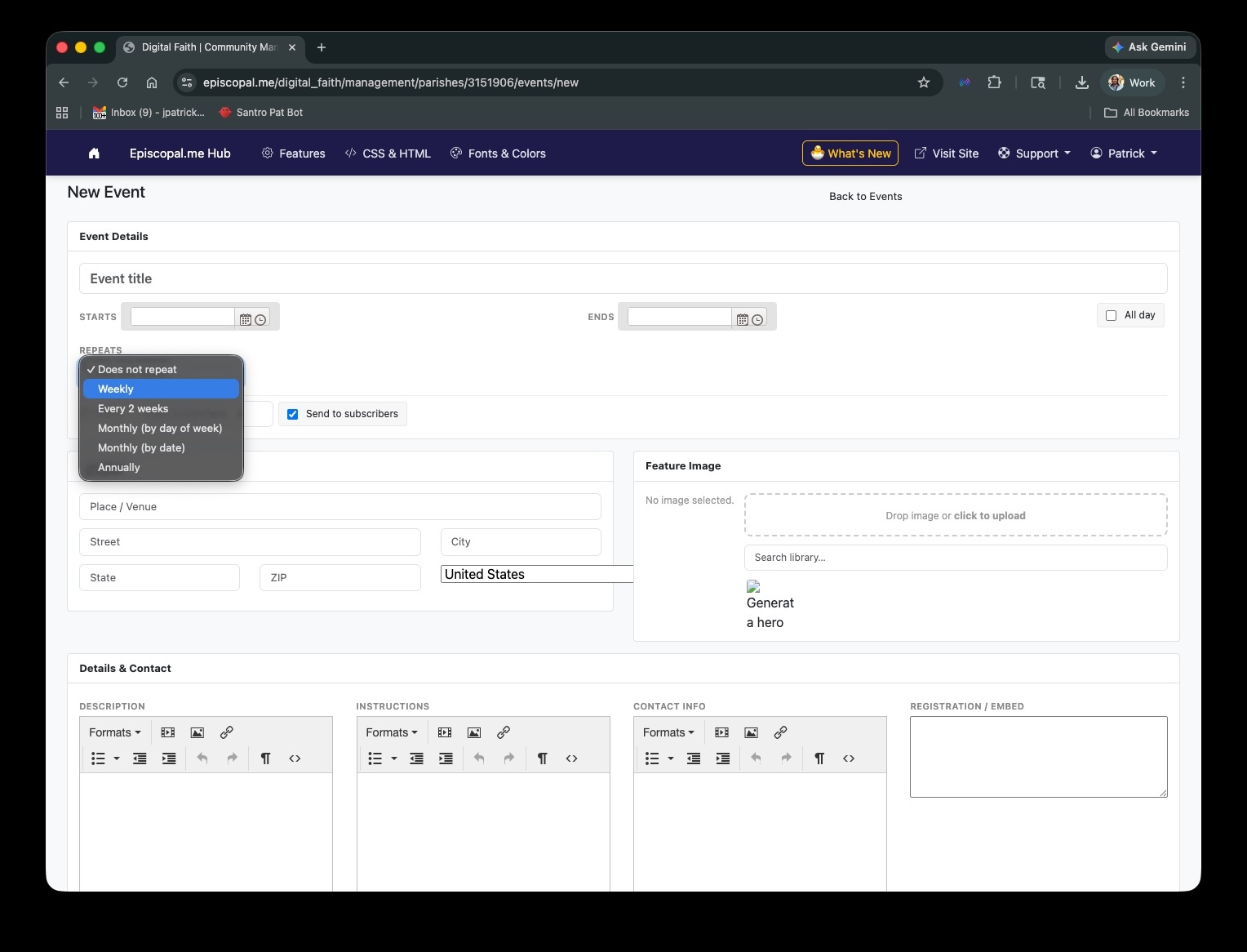 Events management and creation interface