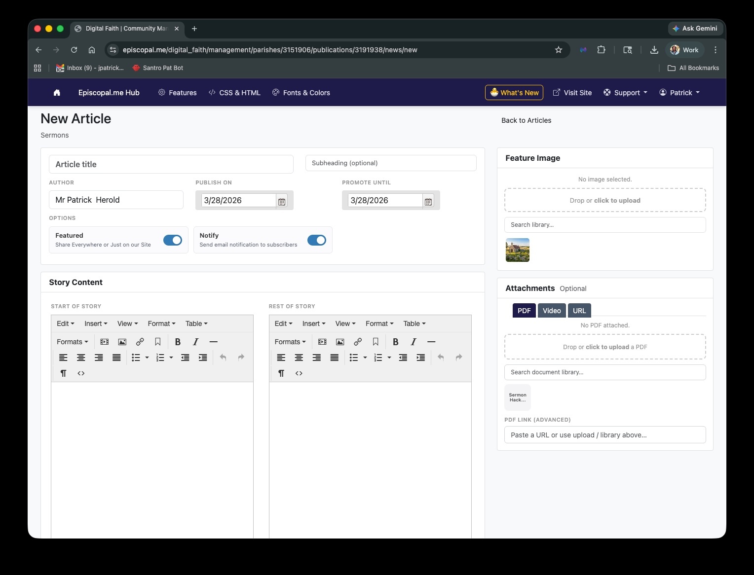 News and publications management interface
