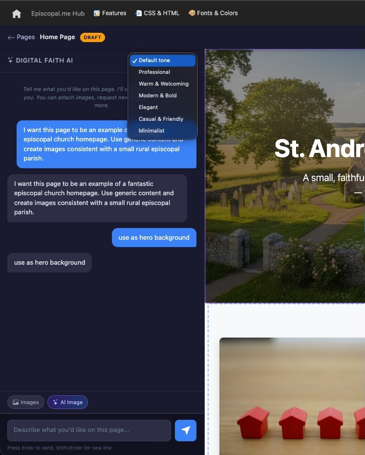 AI Page Builder chat interface