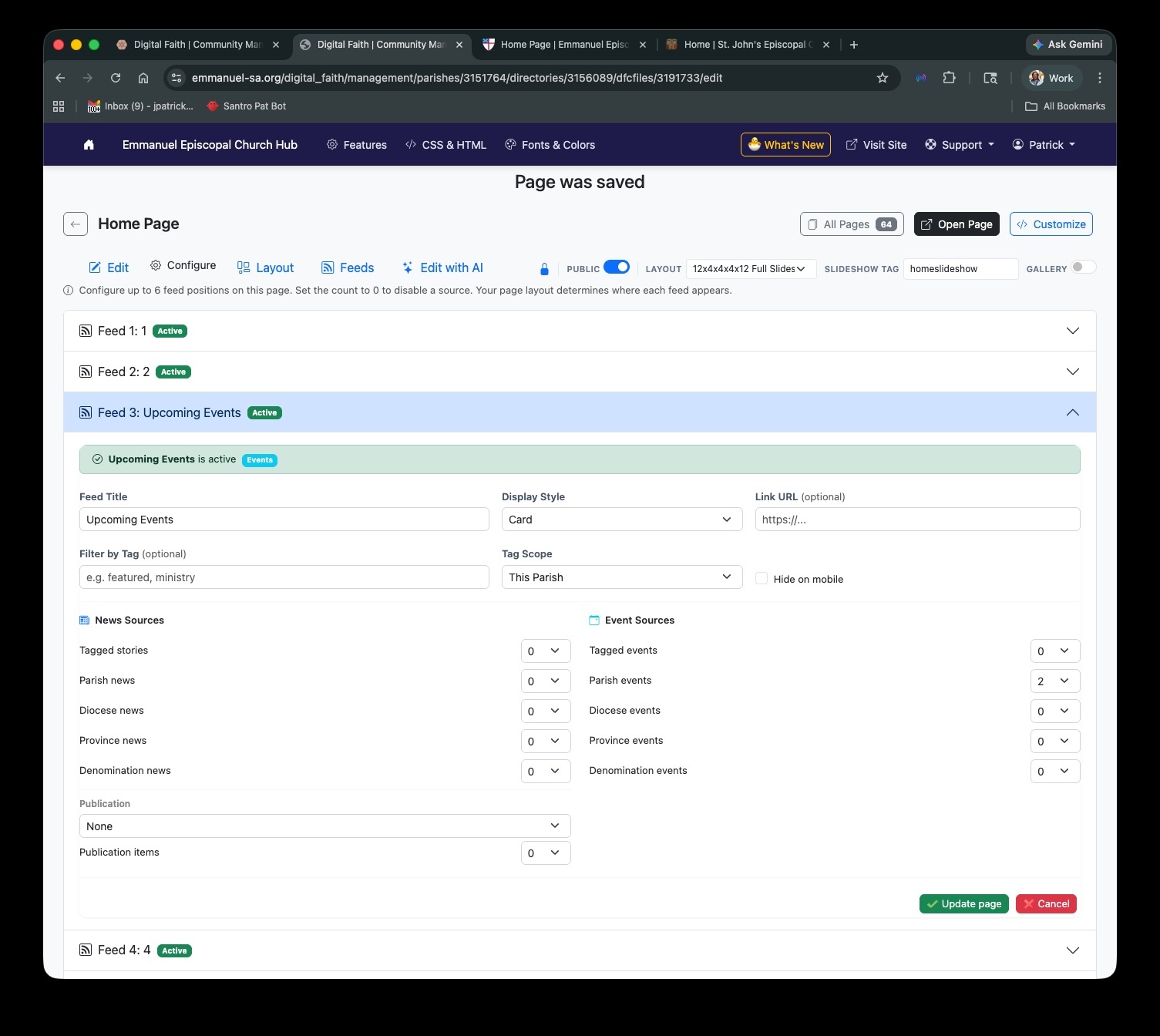Feeds configuration panel in the page editor