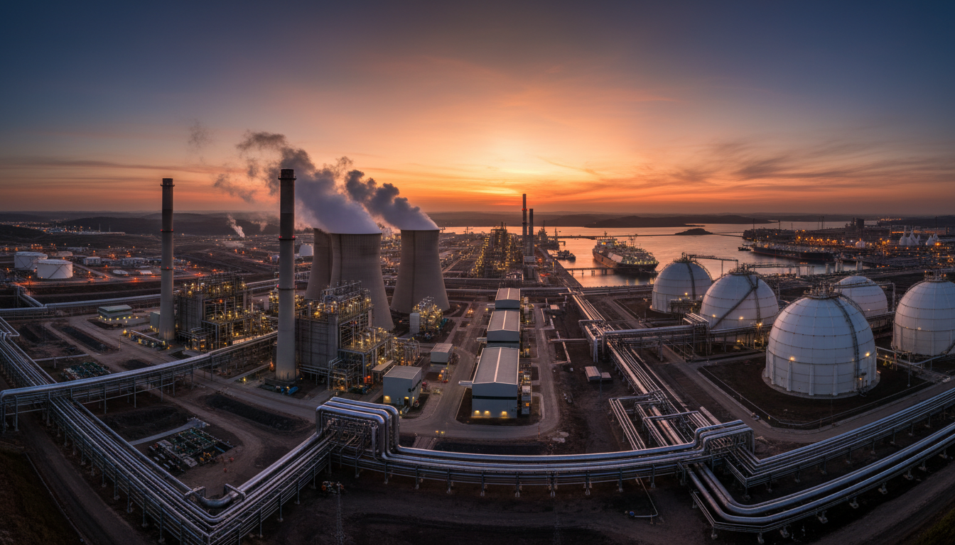 Energy infrastructure panorama: large natural gas combined cycle power plant with cooling towers emitting steam, LNG terminal and gas pipelines