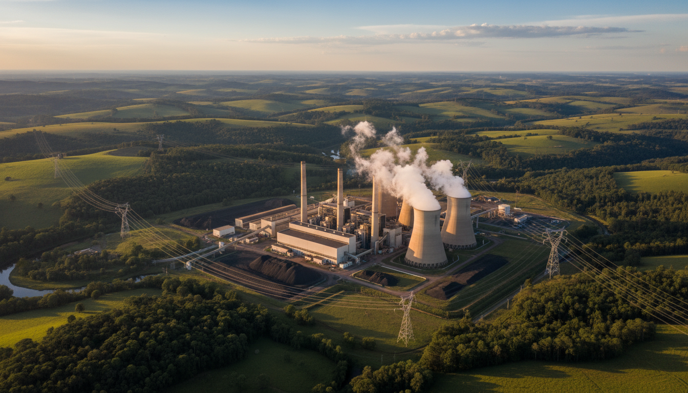 Vista aerea di una grande centrale termoelettrica nella campagna brasiliana, paesaggio verdeggiante, cielo azzurro, torri di raffreddamento industriali...