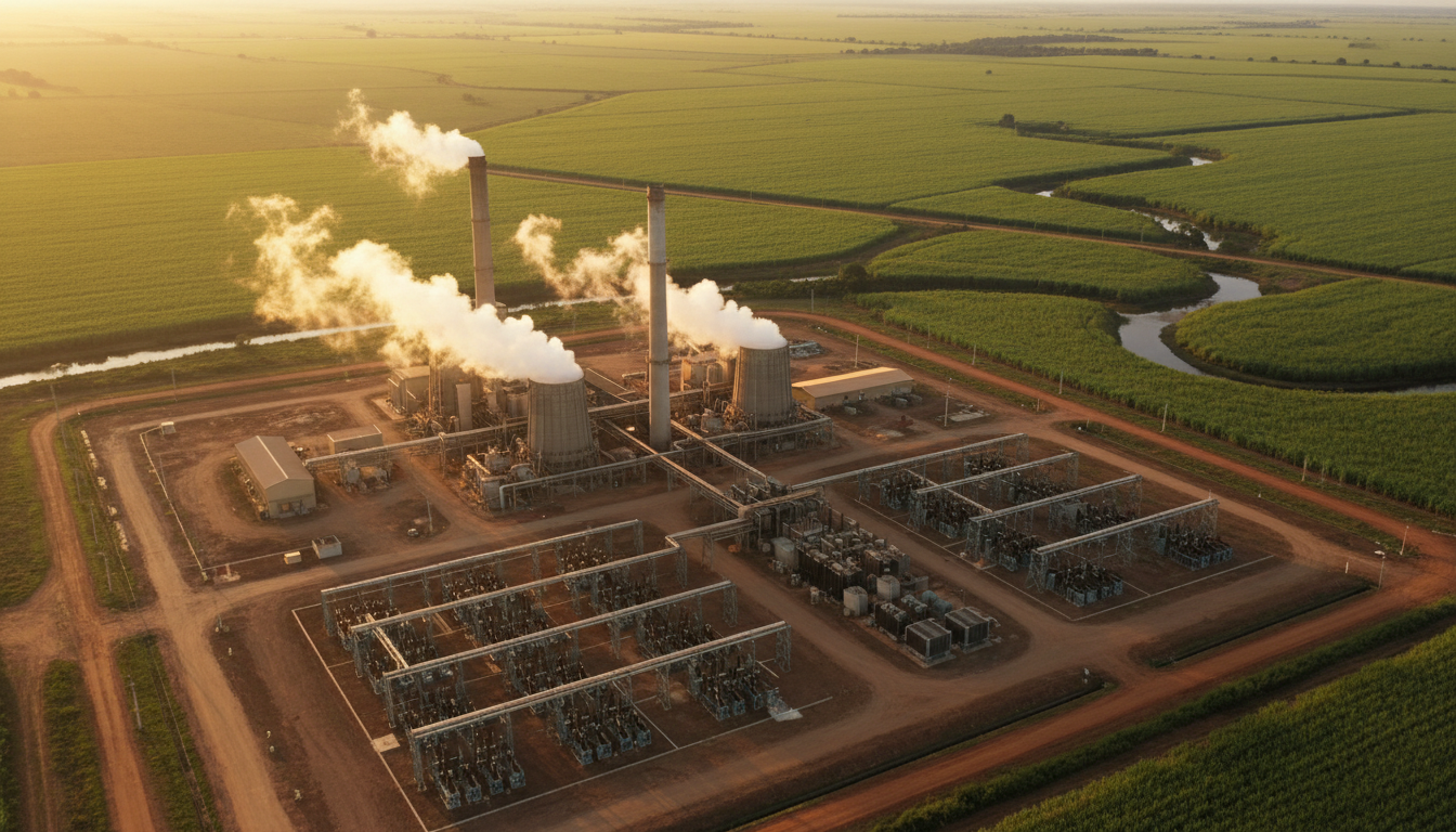 Aerial view of a large Brazilian sugarcane processing mill at golden hour, with steam rising from industrial stacks, ...