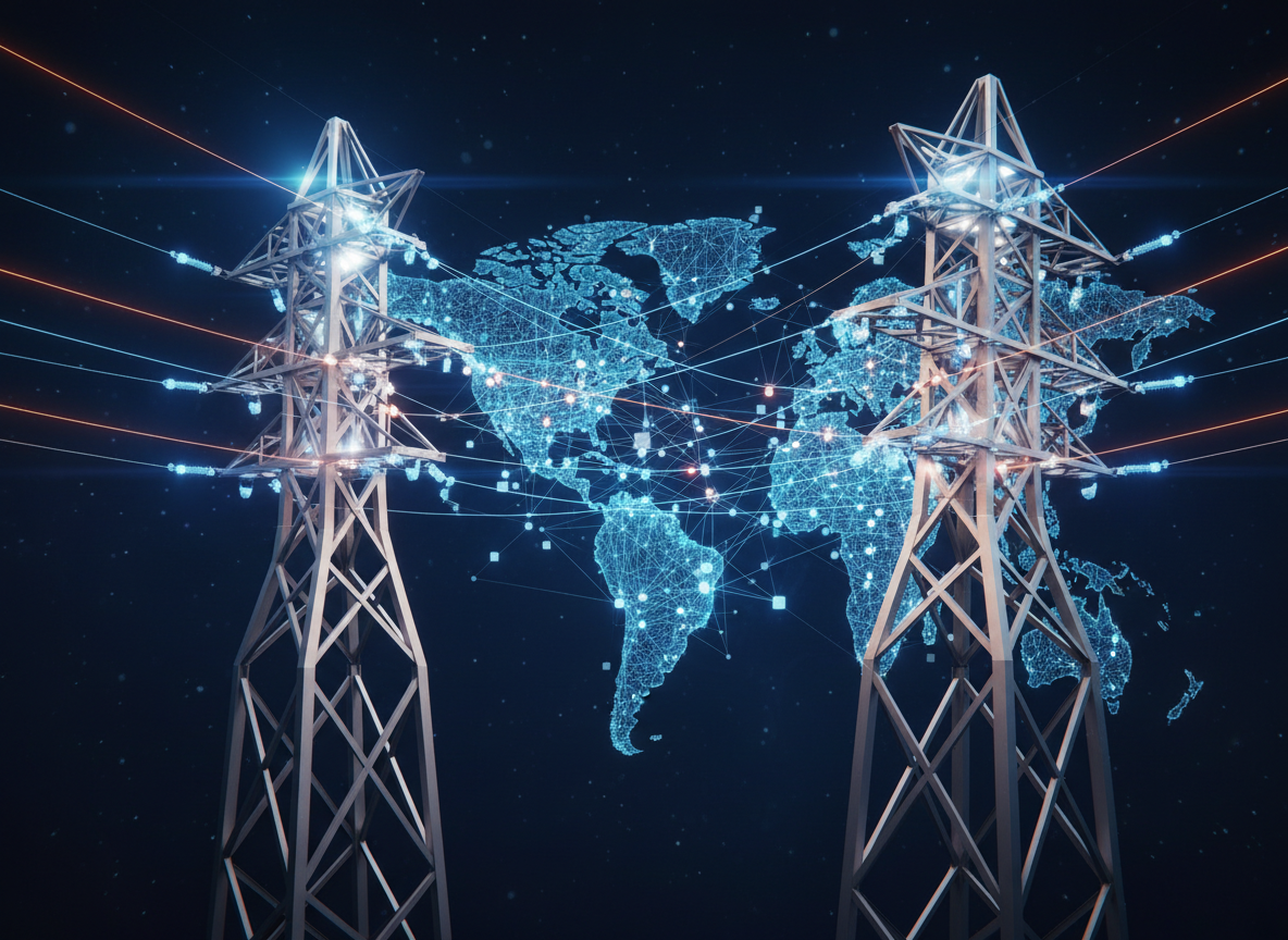 Abstract energy infrastructure visualization — high-voltage transmission towers, glowing power lines, and a map of No...