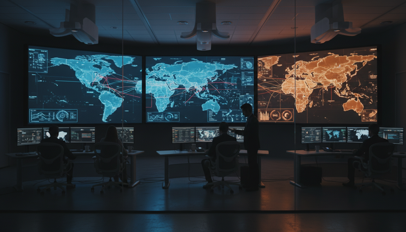 Modern energy control room with large digital displays showing power grid maps of North and South America, profession...